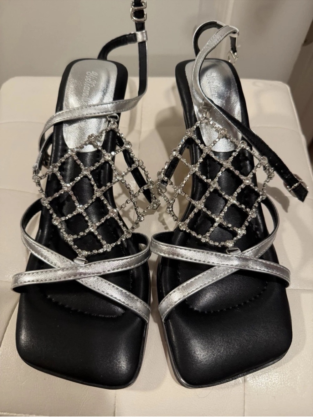 Macy's Black and Silver Rhinestone Lattice Slingback Heels